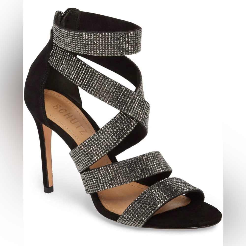 Schutz Jia Heeled Sandal Black Studded Open Toe Ankle Cuff Formal Dress Sandals